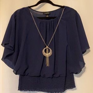 Amy Byer Navy blouse with necklace- Small